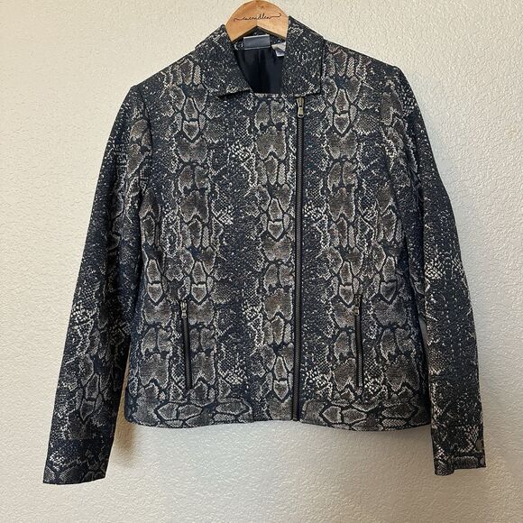 Chicos Metallic Snakeskin Zip Up Lightweight Lined Jacket Size Medium - Picture 1 of 6